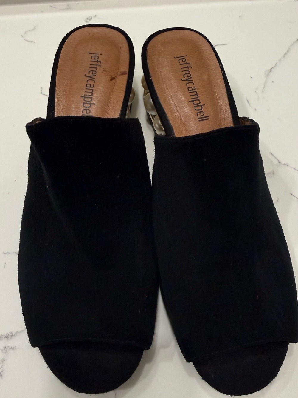 Jeffrey Campbell Black Suede Open-Toe Slide Mules with faux pearl heel details